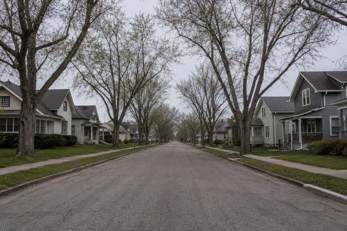 Row of Midwestern houses along a residential street with mature trees over the rooflines