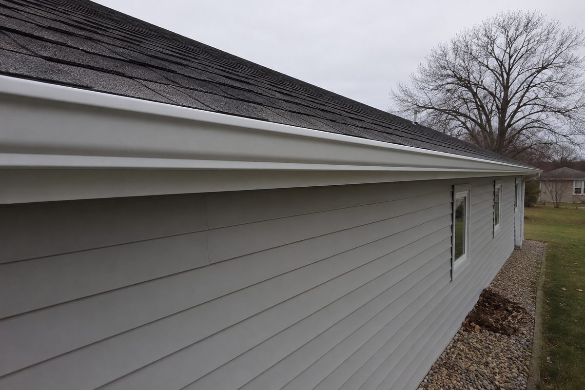 Long unbroken run of new seamless aluminum gutter along a roof edge